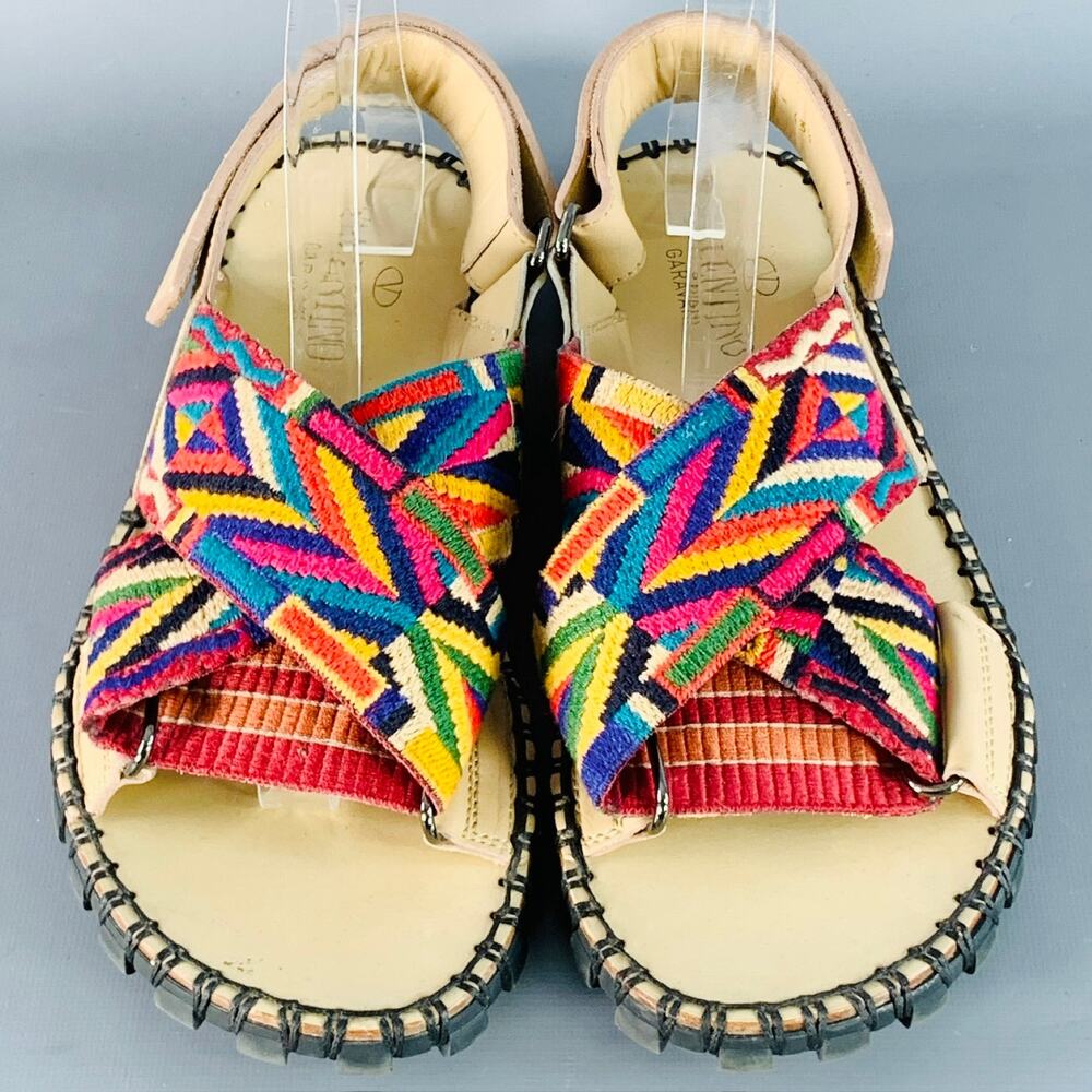 VALENTINO Size 10.5 Tan Multi Color Embroidery Leather Straps Sandals - Picture 4 of 10